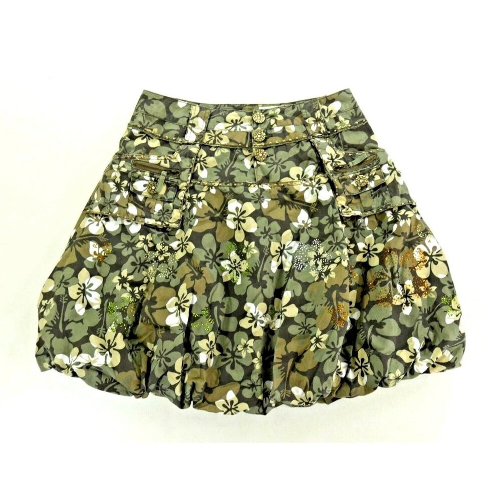 Green Camouflage Bubble Hem Jean Style Camo Skirt Vera Cristina Womens Size 4